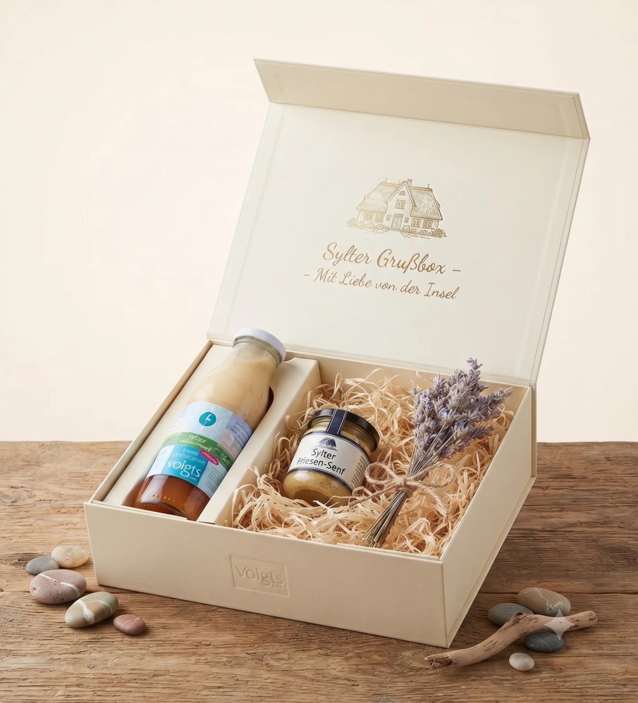 Sylter Grußbox — Geschenkbox mit einer Flasche Sylter Salathimmel, Senf und Lavendel